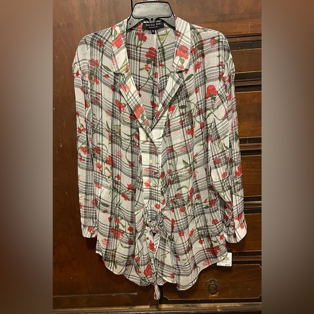 RACHEL Rachel Roy Red and Black Floral Plaid Blouse 3X